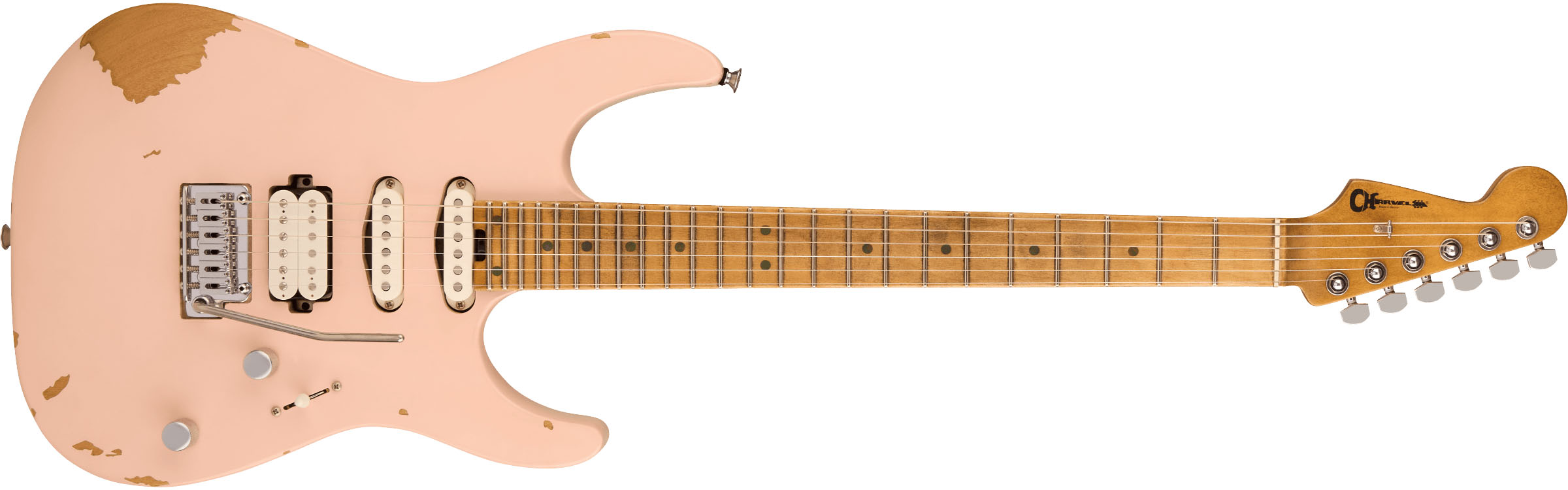 Charvel Rick Graham Signature Pro-Mod DK24 2PT MPL: the shell-pink finish has been distressed in the factory, revealing some of the body wood.