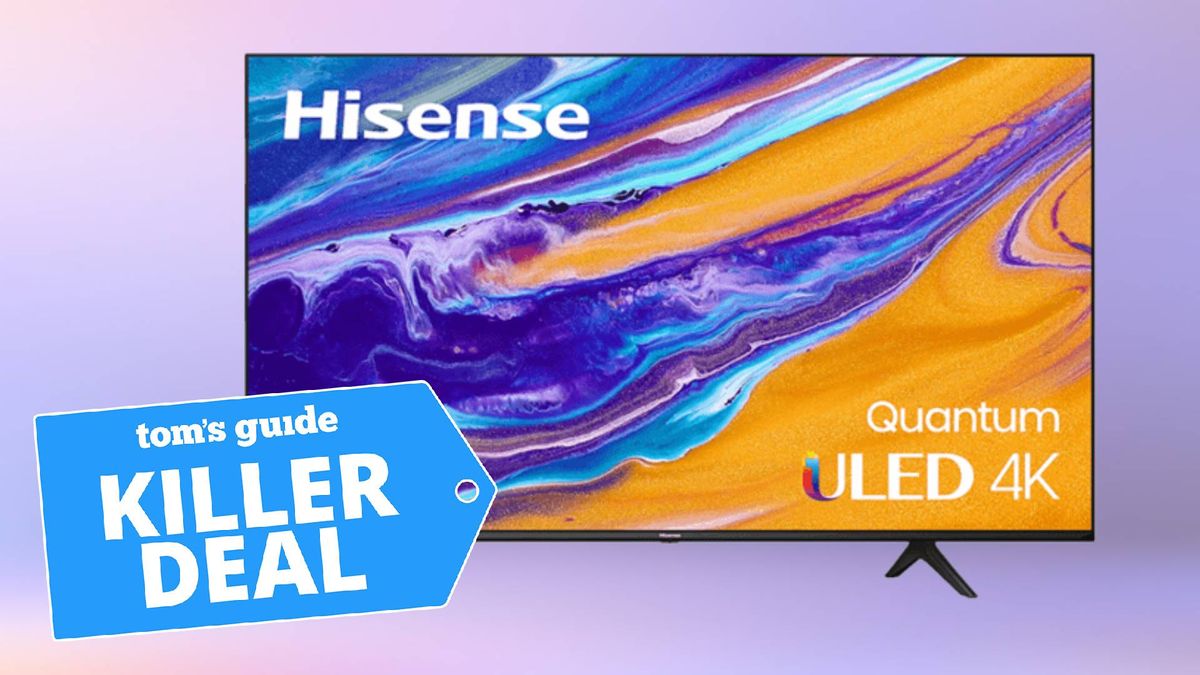 A photo of the 75&quot; Hisense U6H TV on a purple background