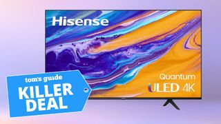A photo of the 75" Hisense U6H TV on a purple background