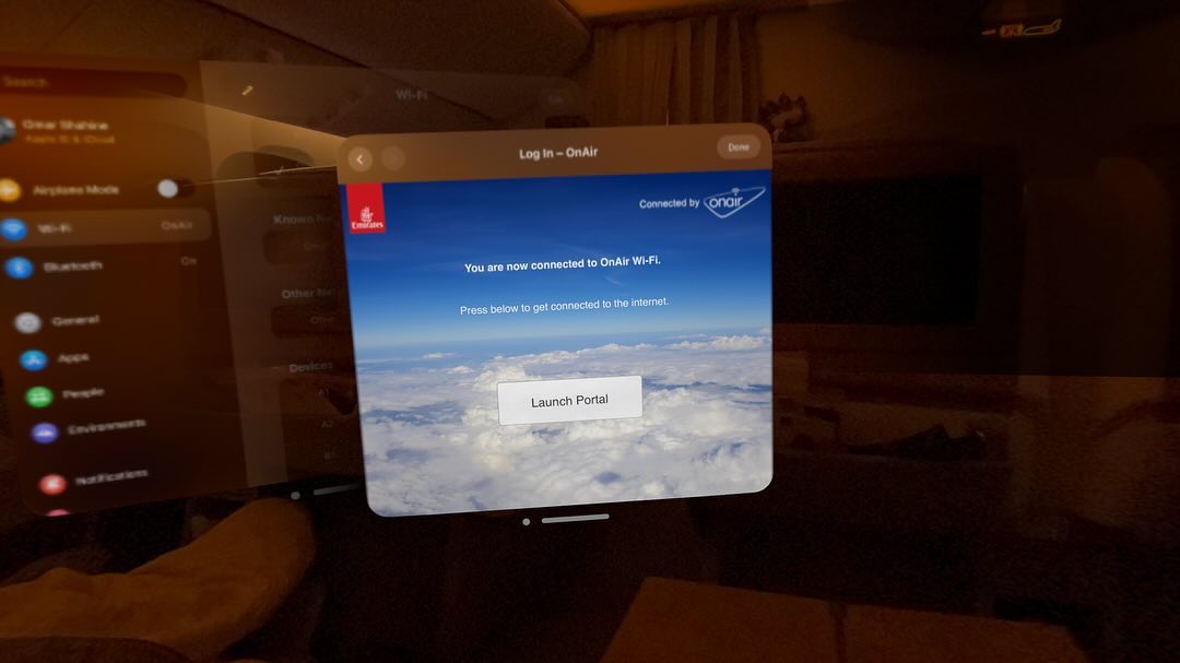 Apple Vision Pro in use on a flight from Seattle to Dubai by Microsoft boss Omar Shahine in February 2024