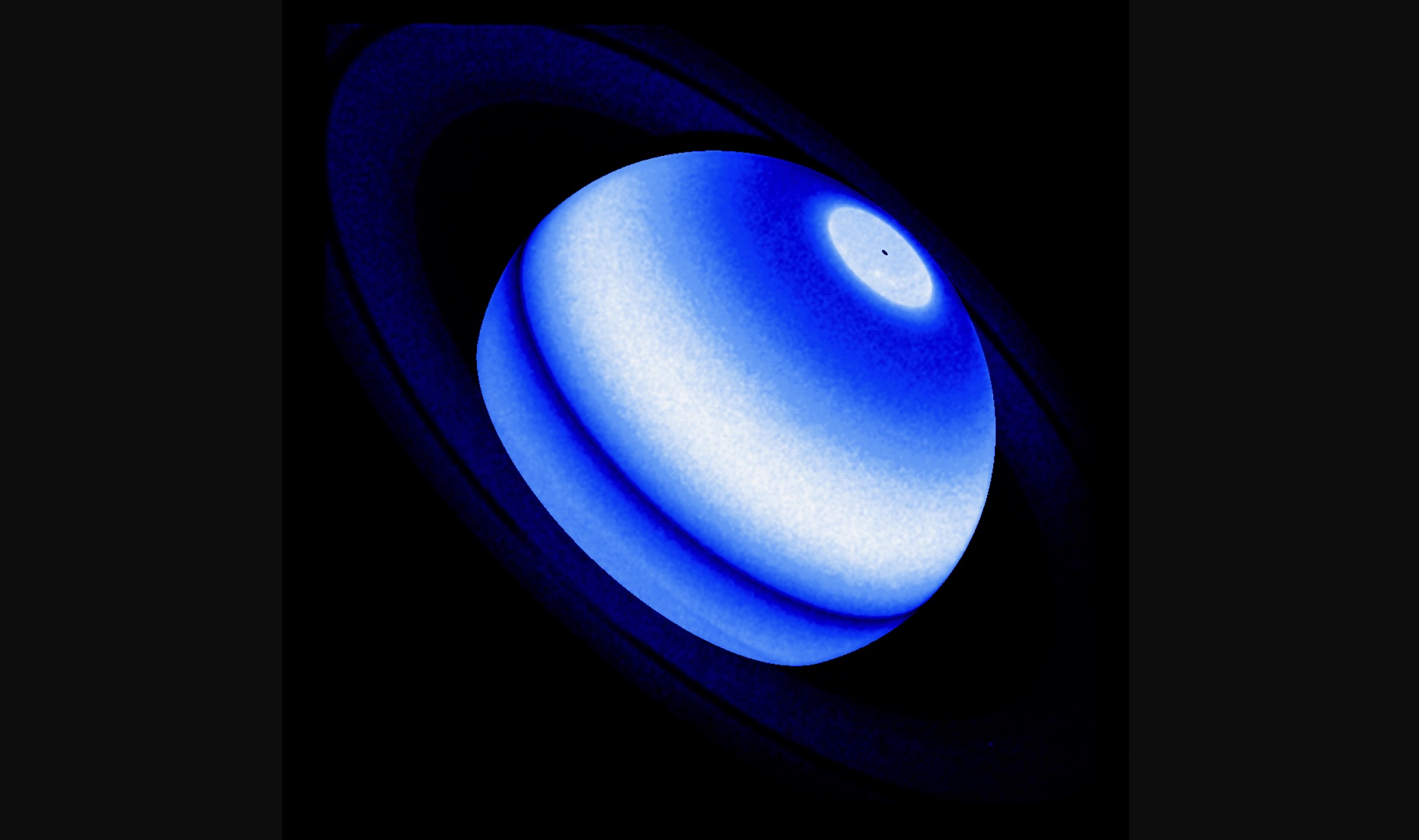 This composite image shows the Saturn Lyman-alpha bulge, an emission from hydrogen which is a persistent and unexpected excess detected by three distinct NASA missions, namely Voyager 1, Cassini, and the Hubble Space Telescope between 1980 and 2017.
