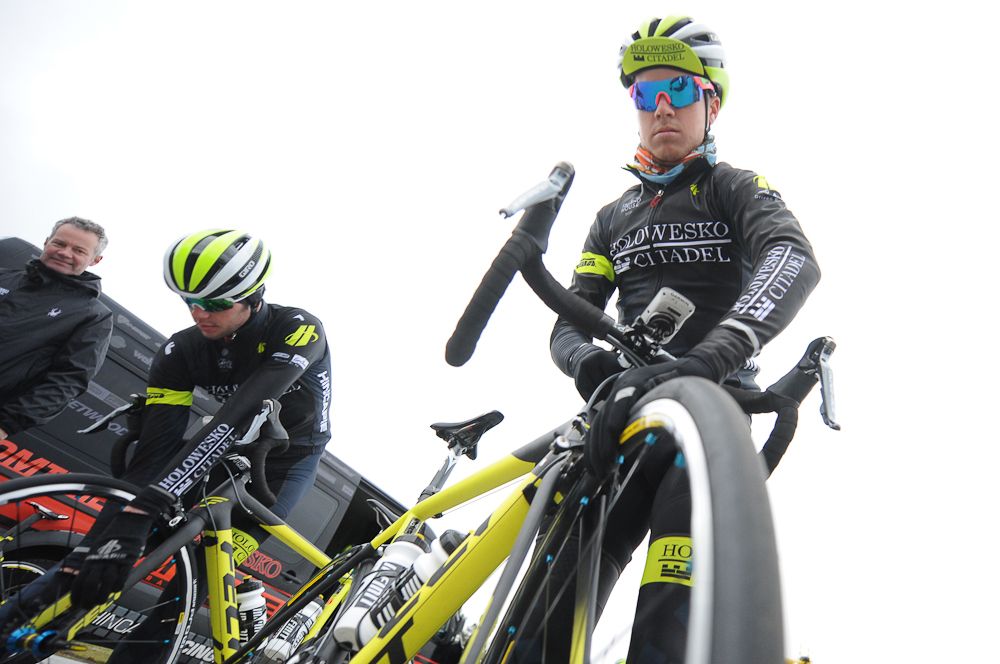 Jon Hornbeck checks his bike