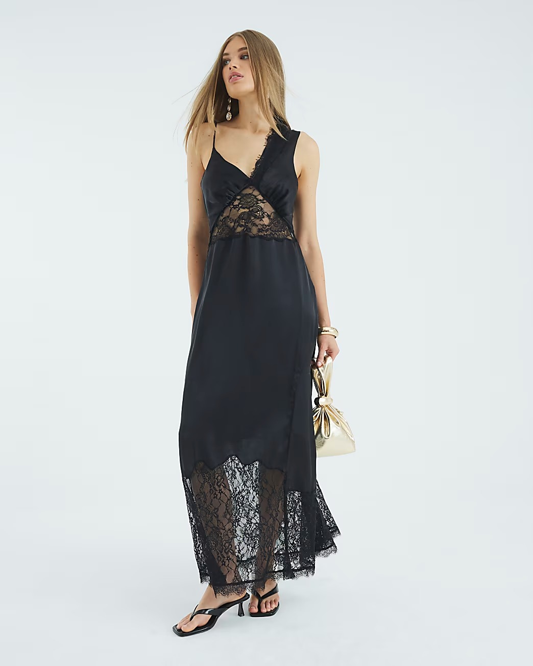 Black Premium Lace Satin Maxi Slip Dress