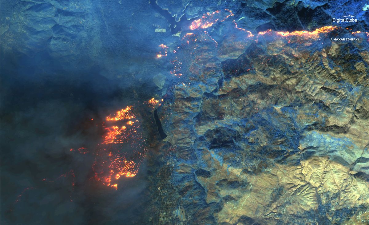 Active wildfires from the deadly Camp Fire in northern California are visible in this shortwave infrared view from DigitalGlobe&#039;s WorldView-3 satellite taken on Nov. 9, 2018.