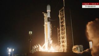 A SpaceX rocket being launched into space carrying a payload with the first datacentre for the moon.