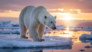 A majestic polar bear stands on a large ice floe with its head lowered, looking towards the right, against a stunning backdrop of a sunset over icy waters.