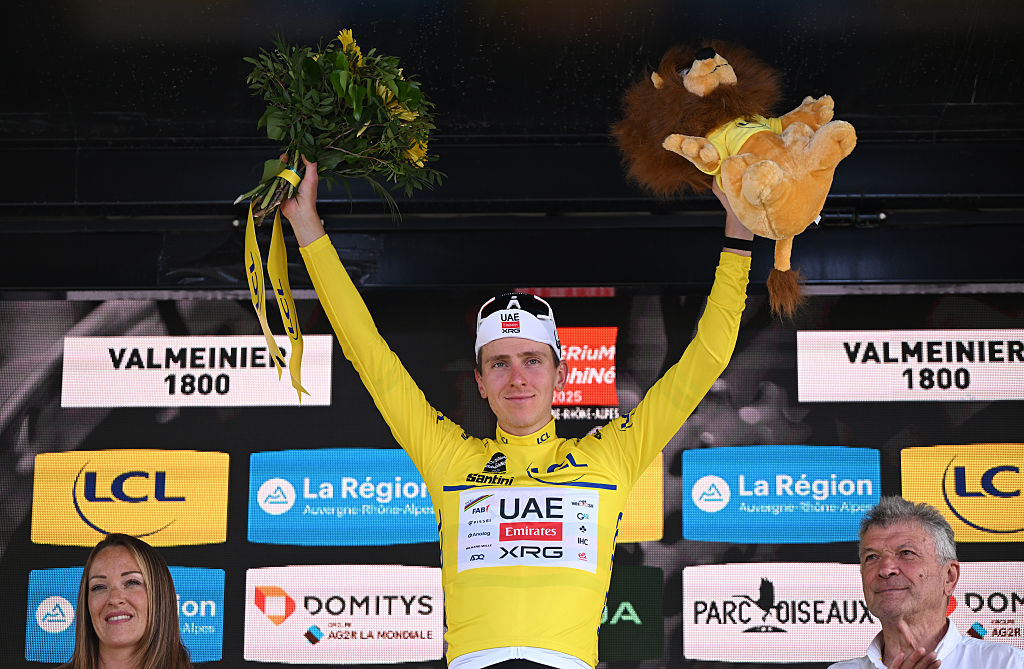 VALMEINIER 1800, FRANCE - JUNE 14: Tadej Pogacar of Slovenia and UAE Team Emirates - XRG - Yellow Leader Jersey celebrates at podium during the 77th Criterium du Dauphine 2025, Stage 7 a 131.6km stage from Grand-Algueblanche to Valmeinier 1800 (1830m) / #UCIWT / on June 14, 2025 in Valmeinier 1800, France. (Photo by Dario Belingheri/Getty Images)