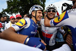 Teammates congratulate Marcel Kittel (Quick-Step Floors) after winning stage 2 at the Tour de France