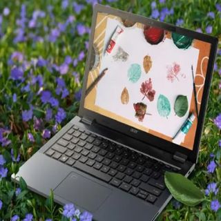 An Acer laptop sat in grass and blue flowers