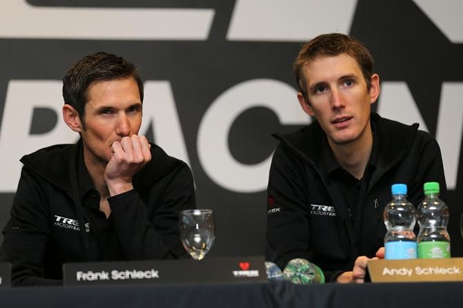 Fr&auml;nk and Andy Schleck at the 2014 Trek team launch