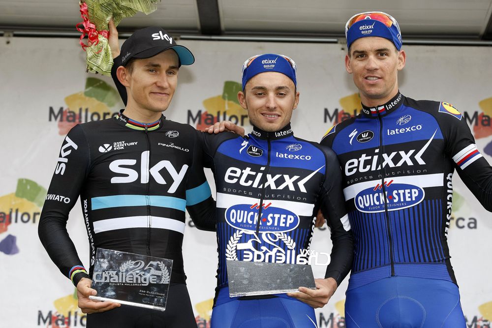 Gianluca Brambilla is joined on the podium by Michal Kwiatkowski and Zdenek Stybar at Challenge Mallorca