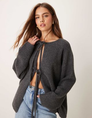 Asos Design Bow Tie Front Cardigan in Charcoal