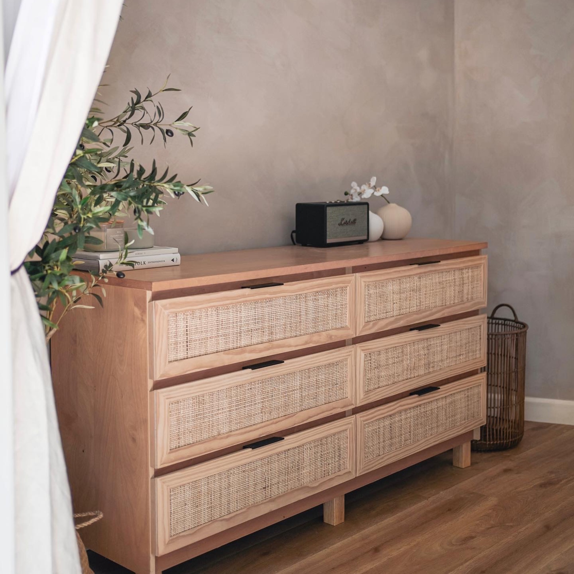 IKEA MALM chest of drawers in a bedroom updated with rattan webbing