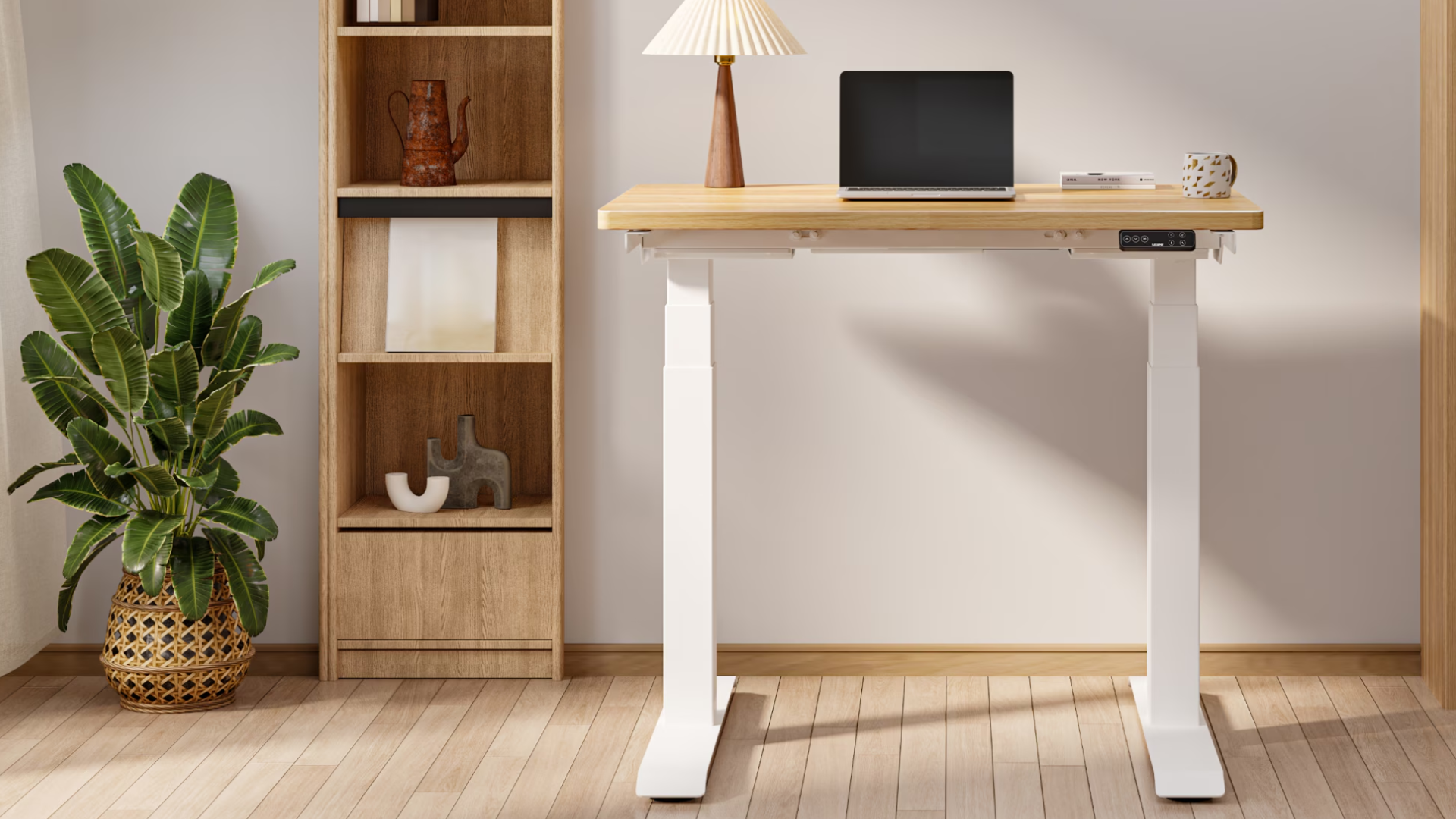 A FlexiSpot E7 Mini in a brightly lit compact home office setting