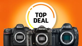 Three DSLR cameras: Nikon D850, Pentax K-1 II, and Canon EOS 5D Mark IV, with a “Top Deal” label on a vibrant orange background