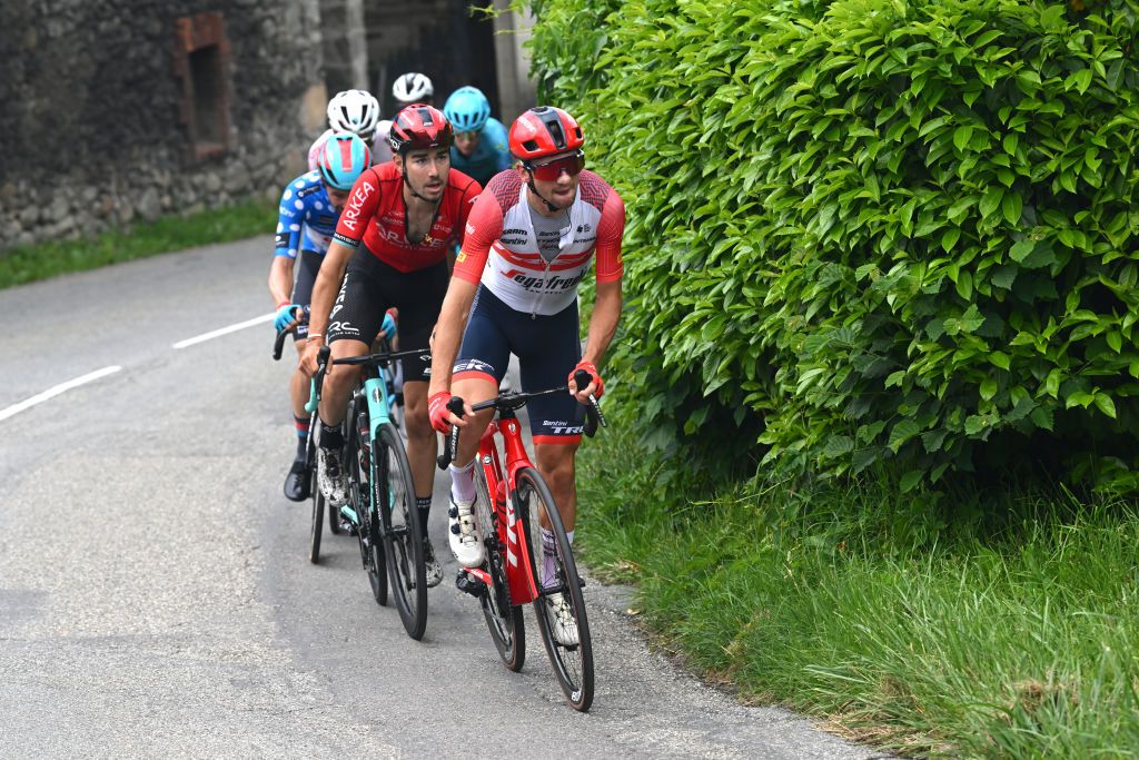 GRENOBLE ALPES MTROPOLE FRANCE JUNE 11 LR Clment Champoussin of France and Team Arka Samsic and Giulio Ciccone of Italy and Team Trek Segafredo lead the breakaway during the 75th Criterium du Dauphine 2023 Stage 8 a 1528km stage from Le PontdeClaix to La Bastille Grenoble Alpes Mtropole 498m UCIWT on June 11 2023 in Grenoble Alpes Mtropole France Photo by Dario BelingheriGetty Images