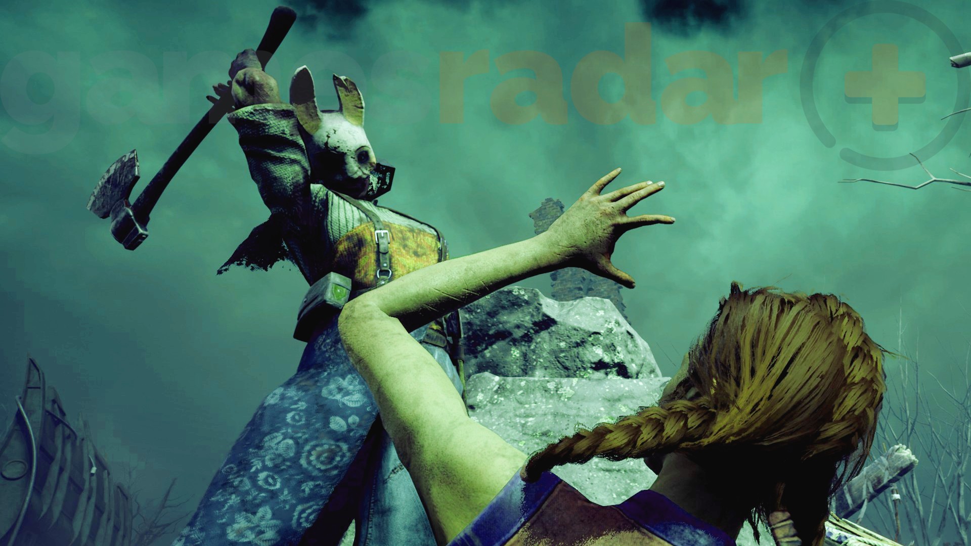 The Huntress, one of the DBD killers, holds her axe above her head before bringing it down on a survivor.