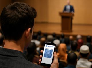 Man holding a phone at an event showing the ENCO translation solution