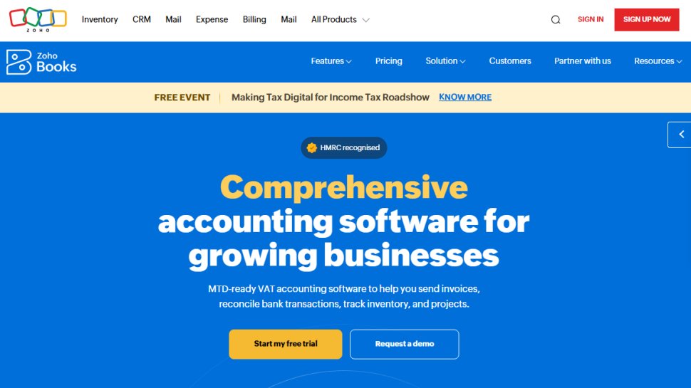 Website screenshot of Zoho Books (October, 2025)