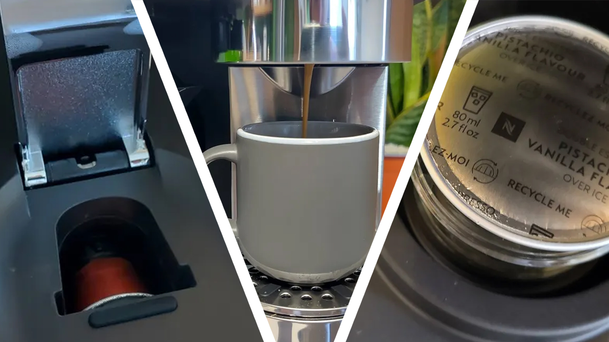 Split image of two Nespresso capsules inside coffee makers, and a Nespresso machine dispensing espresso