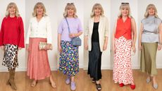 Julie Player wearing six satin slip skirt outfits