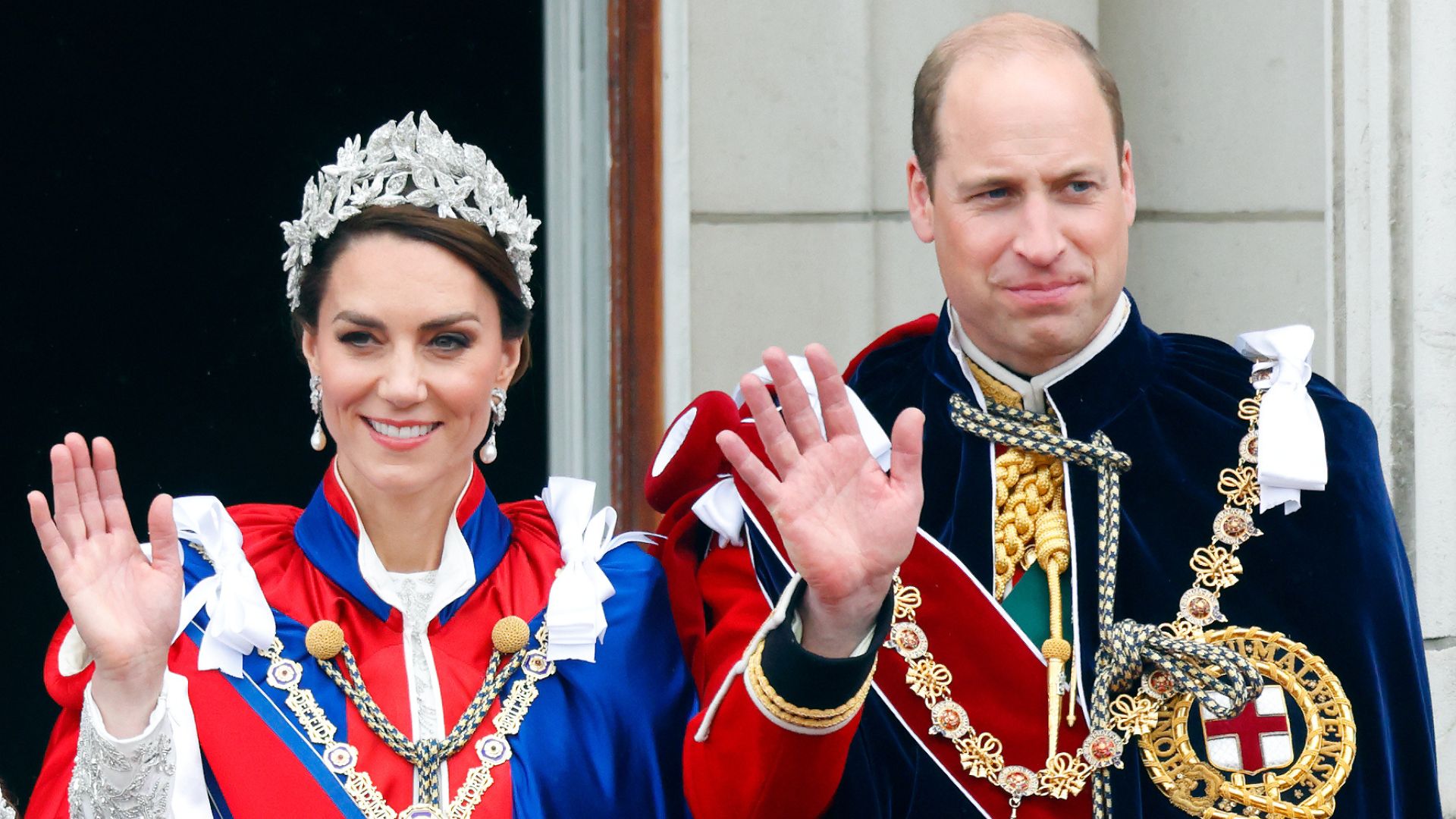 Kate Middleton and Prince William wearing ceremonial robes at the Coronation of King Charles
