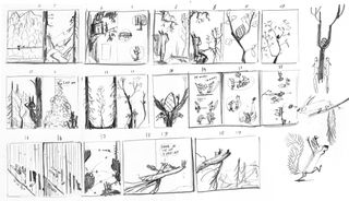 Illustrating children's books: Black and white thumbnails of the pages in The Squirrels Who Squabbled