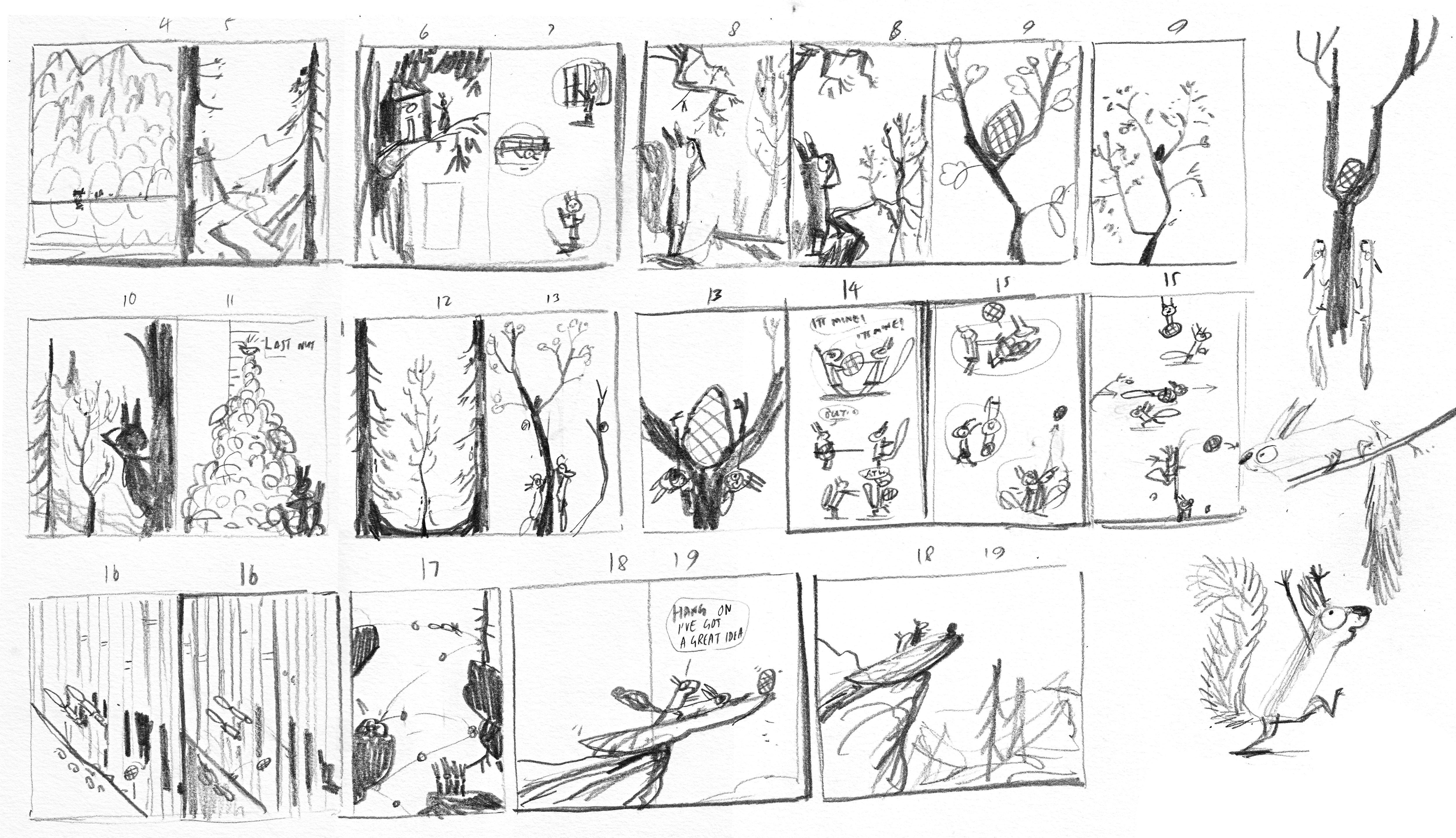 Illustrating children's books: Black and white thumbnails of the pages in The Squirrels Who Squabbled