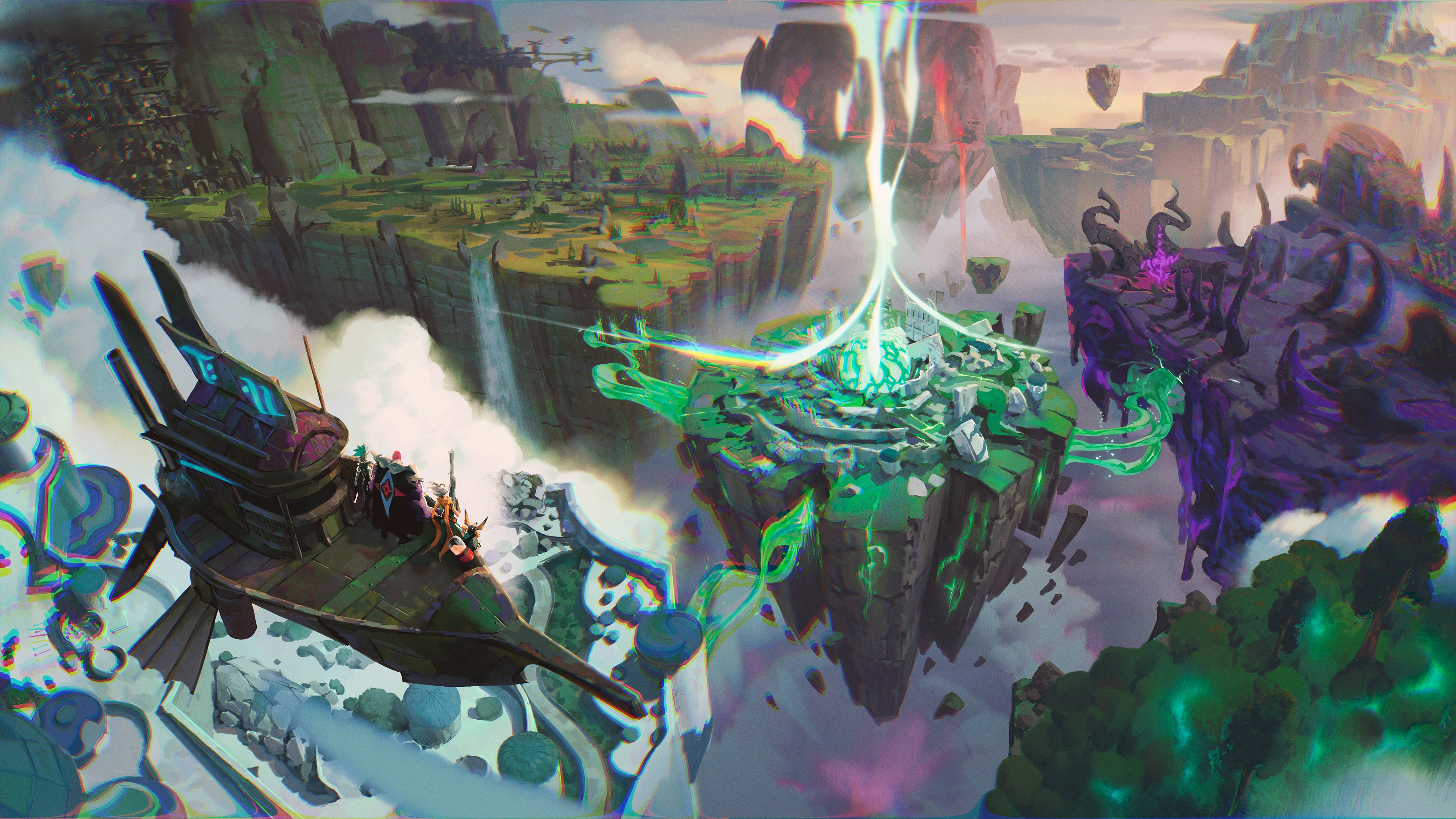 A colorful and fantastical landscape of flying ships and floating islands in concept art for Project Loki from Theorycraft Games.