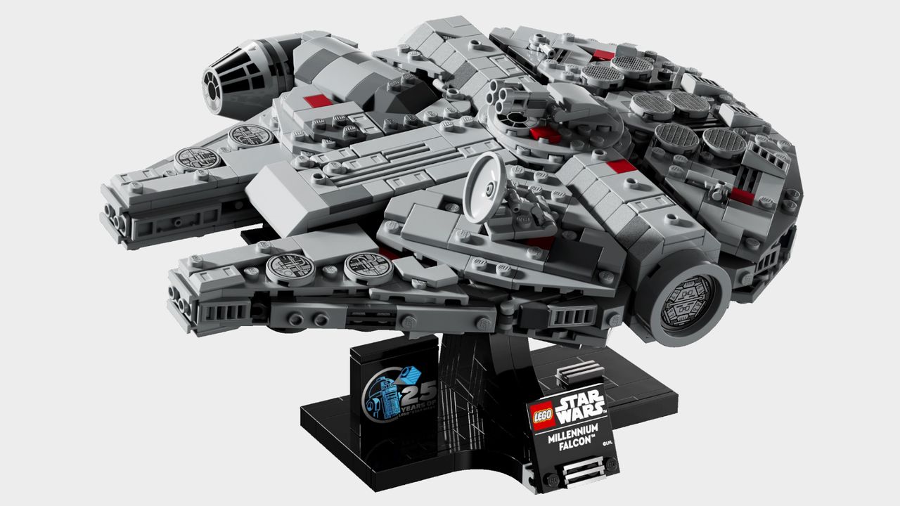 Lego Millennium Falcon on stand, on a plain background