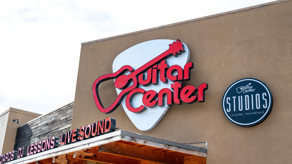 Facade of Guitar Center store in Emeryville, California with logo visible, November 12, 2025