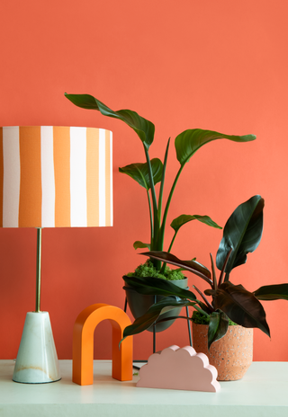 Houseplants beside a funky striped lamp against an orange wall