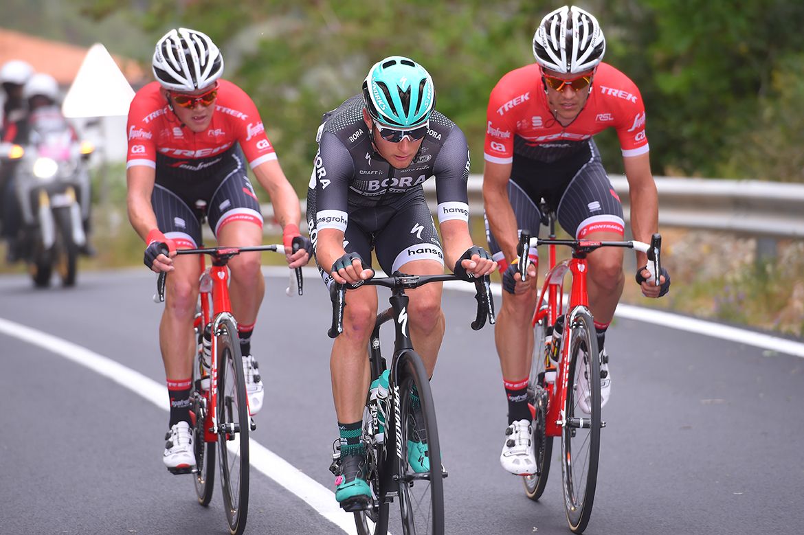 Mads Pedersen, Lukas P&ouml;stlberger and Jasper Stuyven on the attack