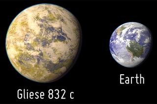 This is an artistic representation of the potentially habitable exoplanet Gliese 832 c compared to Earth. Gliese 832 c is represented here as a larger, temperate world covered in clouds.