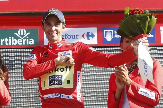 Alberto Contador (Tinkoff-Saxo) celebrates earning the Vuelta's leader's jersey