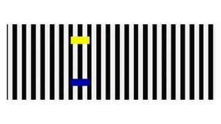 Optical illusion showing a blue rectangle and yellow rectangle moving across black and white lines