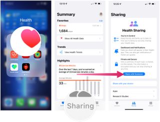 To share health record, tap the Health app, then choose Sharing. If this is the first time, tap Share with Someone.