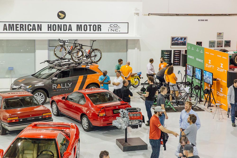 Rally Cycling's Acura RDX fit in nicely with this collection of candy painted, retouched Honda and Acura classics.