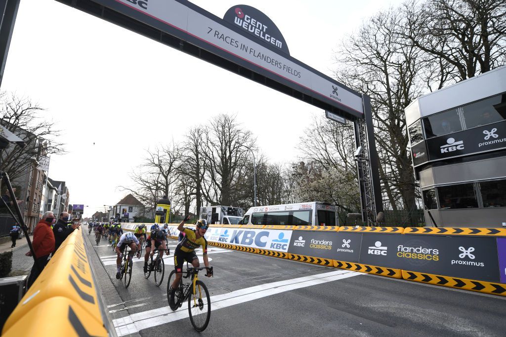 WEVELGEM BELGIUM MARCH 28 Arrival Marianne Vos of Netherlands and Team Jumbo Visma Celebration Lisa Brennauer of Germany and Ceratizit WNT Pro Cycling Team Lotte Kopecky of Belgium and Team Liv Racing Elisa Balsamo of Italy and Team Valcar Travel Service during the 10th GentWevelgem In Flanders Fields 2021 Womens Elite a 1417km race from Ypres to Wevelgem GWE21 GWEWomen FlandersClassic UCIWWT on March 28 2021 in Wevelgem Belgium Photo by Tim de WaeleGetty Images