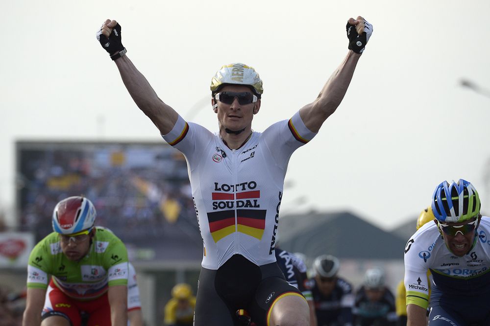 Germany's Andre Greipel celebrates as he crosses the finish line at the end of the second stage of Paris-Nice.