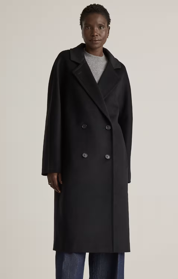 Quince, Italian Wool Double-Breasted Slouch Coat in Black