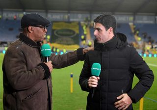 Arenal manager Mikel Arteta interviewed by presenter and ex player Ian Wright before the Emirates FA Cup Third Round match between Oxford United and Arsenal at Kassam Stadium on January 09, 2023 in Oxford, England.