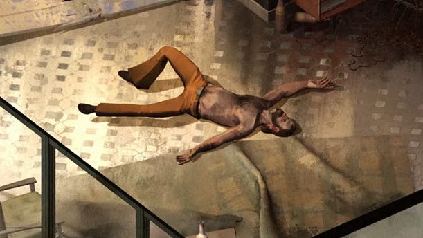 Disco Elysium&#039;s detective lying on the floor