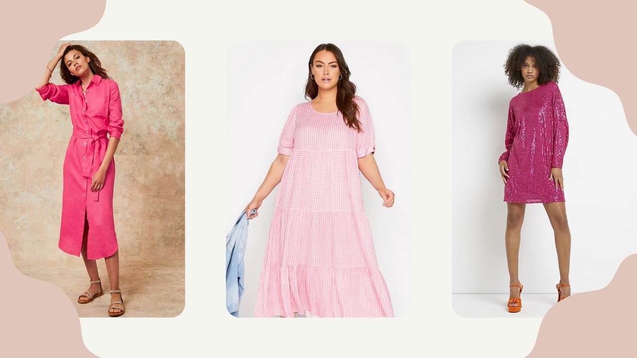 a composite of models in the best pink dresses from mint velvet, yours clothing and river island