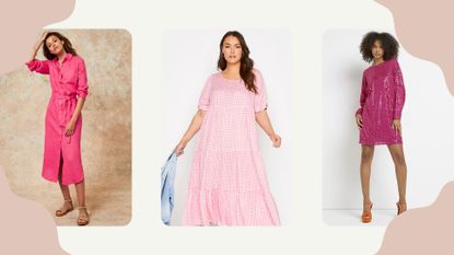 a composite of models in the best pink dresses from mint velvet, yours clothing and river island