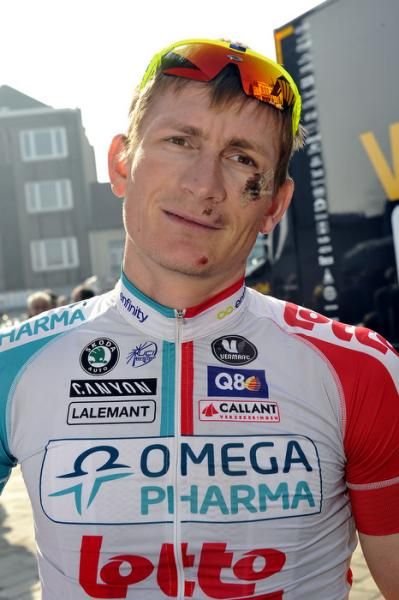 Andre Greipel (Omega Pharma-Lotto) looking a bit worse for the wear after his crash in Italy.