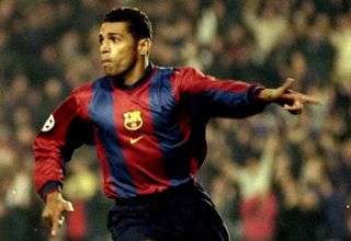 Sonny Anderson celebrates after scoring for Barcelona against Manchester United in the Champions League in 1998.