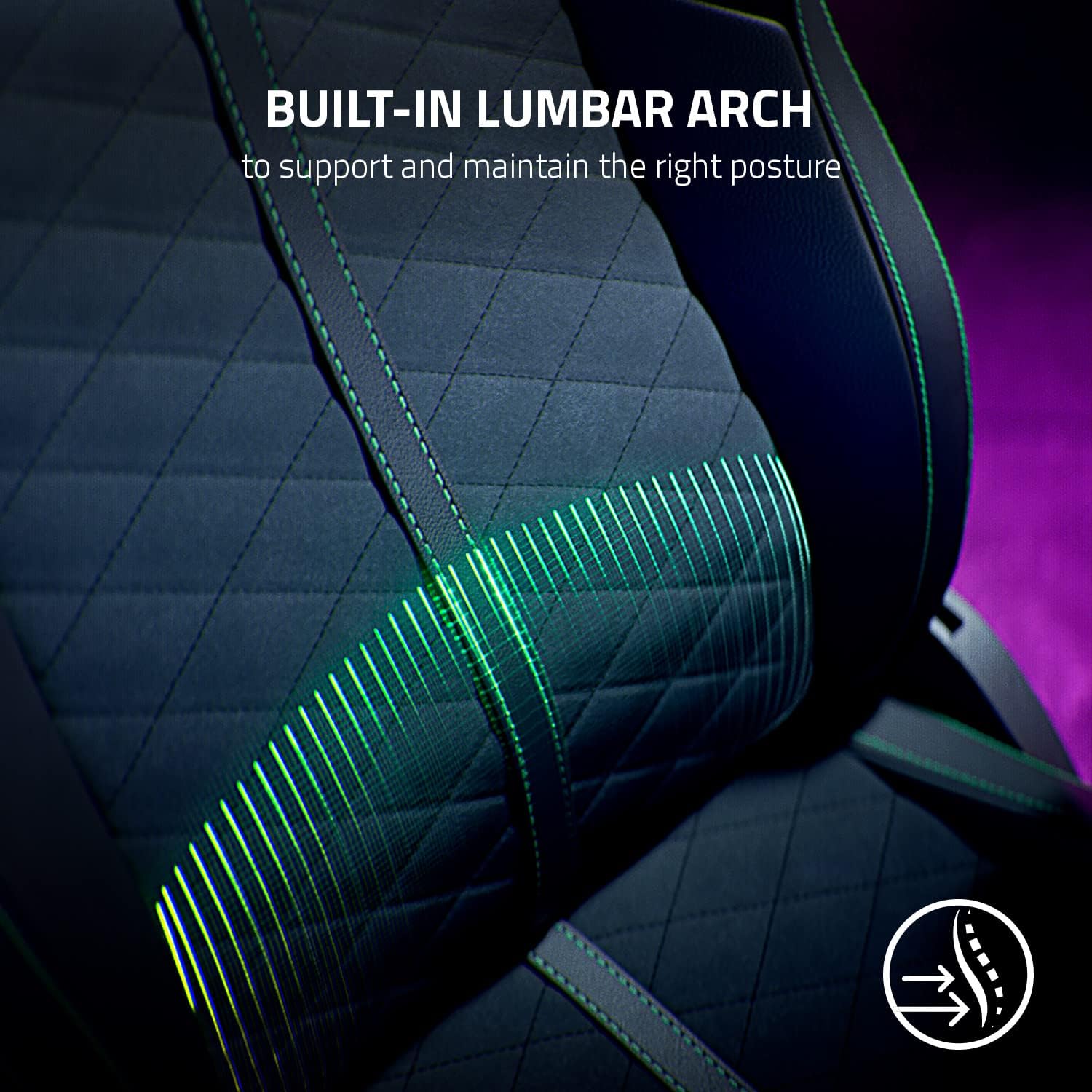 Close-up of a black seat with green stitching, featuring a built-in lumbar arch. Text reads, "Built-in lumbar arch to support and maintain the right posture."