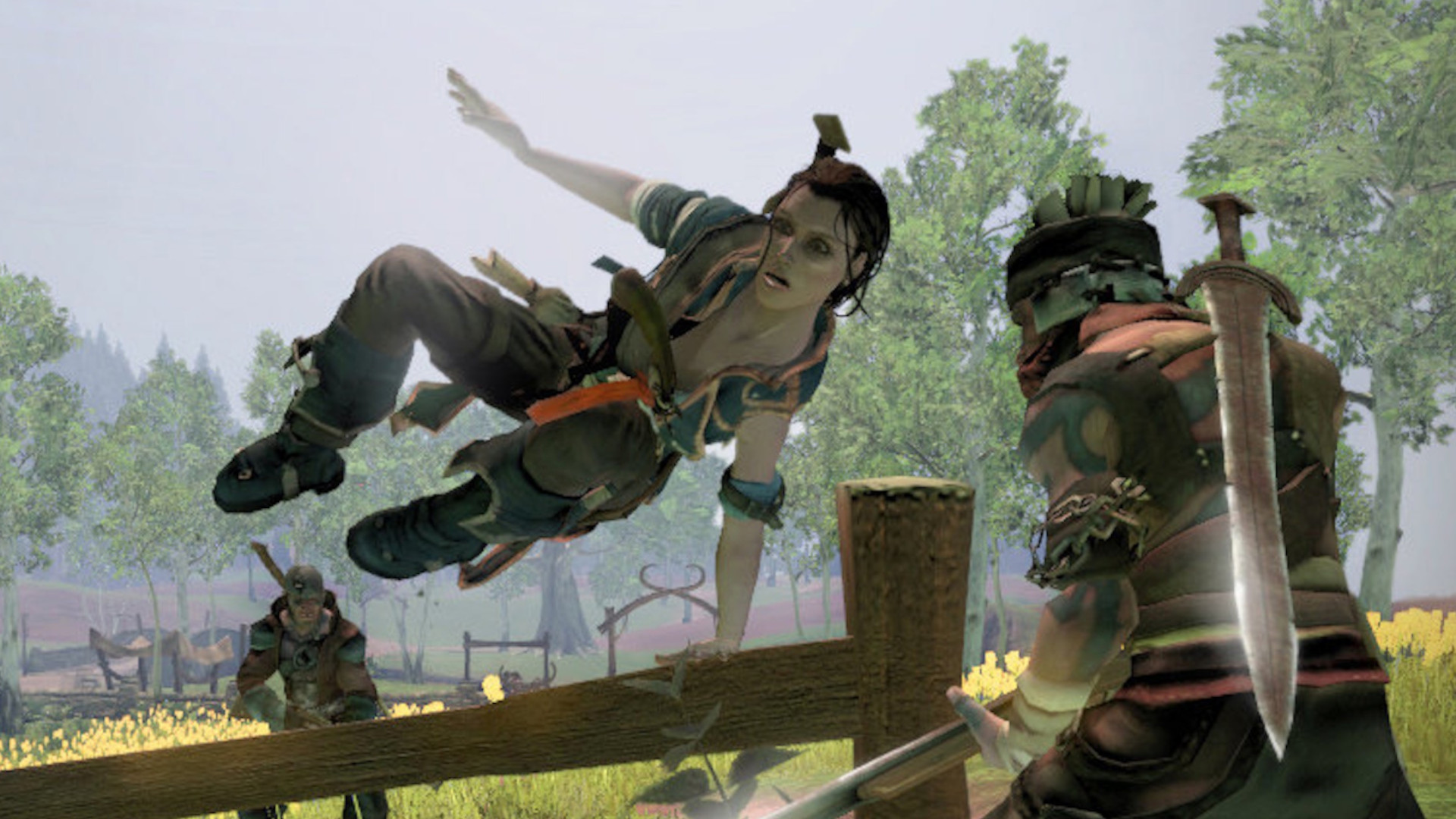 A player character jumping over a fence towards a man holding a sword during the RPG Fable 2