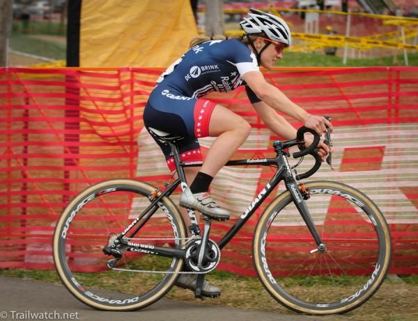 Amanda Carey (Kenda Felt) descending the flyover ahead of Andrea Smith